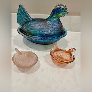 Depression Art Glass Iridescent Blue Glass Hen on Nest Dish Salt Pepper Bundle